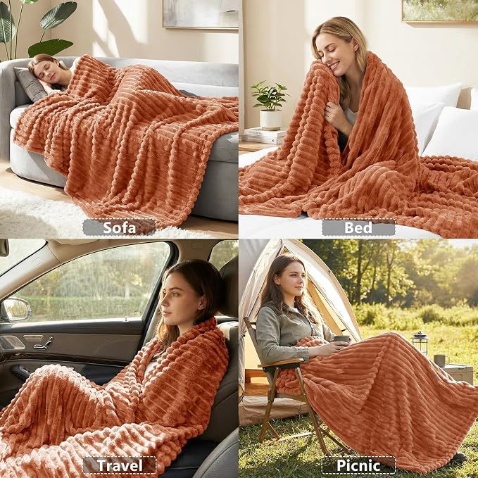 HIMEET Burnt Orange Full Blanket for Bed, 300GSM Ribbed Fleece, 84 x 90 in | Ultra Soft Flannel, All-Season Lightweight Warmth, Bed Layering & Home Room Decor, Gift for Men & Women, Machine Washable