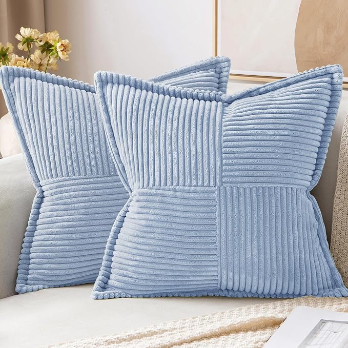 MIULEE Decorative Throw Pillow Covers for Couch 18x18 Inch Light Blue | 2 Pack, Boho Broadside Striped Patchwork Pillow Covers, Soft Corduroy Cushion Cases, For Sofa Bed Livingroom Home Decor