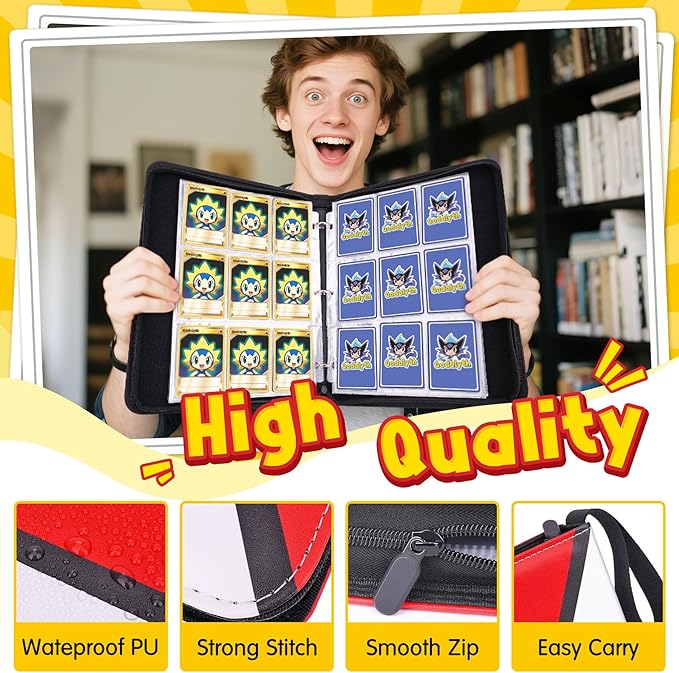 9 Pocket Card Binder with Zipper (900 Cards), Premium PU Holder, Double-Sided Display. Includes 5 Hard Plastic Sleeves for Game Cards and Sports Cards