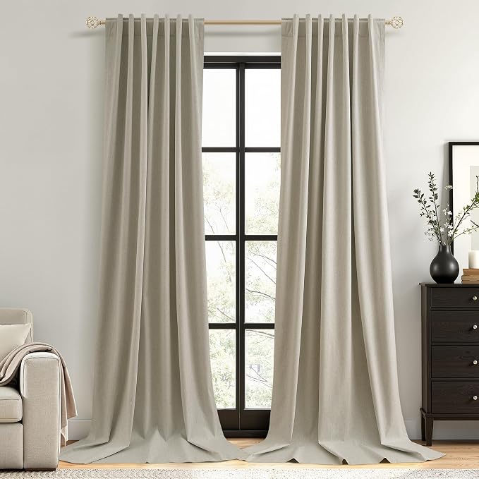 Guken Extra Long 100% Blackout Linen Curtains for Bedroom 120 inches Long, Thermal Insulated Room Darkening Black Out Drapes for Living Room, Back Tab Rod Pocket 2 Panels Set,Ecru,52x120