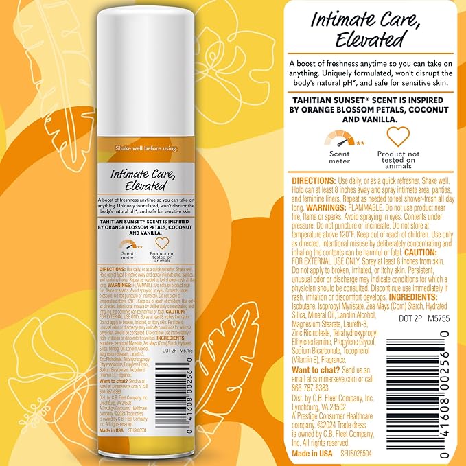 Summer's Eve Tahitian Sunset Daily Feminine Spray with Talc-Free, Odor-Neutralizing and Moisture-Absorbing Formula, 2 Oz, Pack of 6