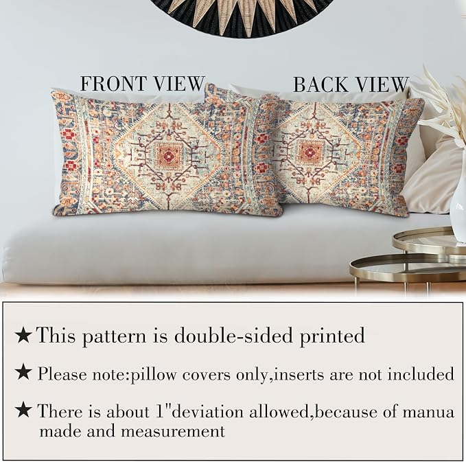 Boho Throw Pillow Covers 12x20 inch Set of 2,Boho Vintage Carpet Pattern Antique Ethnic Decor Double Sided Pattern Cushion Cover Soft Pillow Case Living Sofa Room Bed Square Pillow Cover