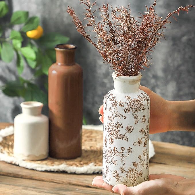 Vintage Vase Set of 3, Ceramic Vintage Flower Vases, Chinoiserie Decorative Home Decor Retro Floral Vase Rustic Farmhouse Decor for Table Bookshelf Mantel Kitchen Living Room Office - Brown