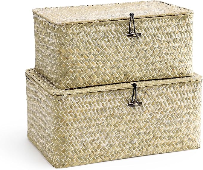 Nonam Storage Basket with Lid, Natural Seagrass Bin with Lid Set of 2, Shelf Baskets Multipurpose Container for Boho Decoration, Rectangular Household Storage Boxes for Home Organization-White