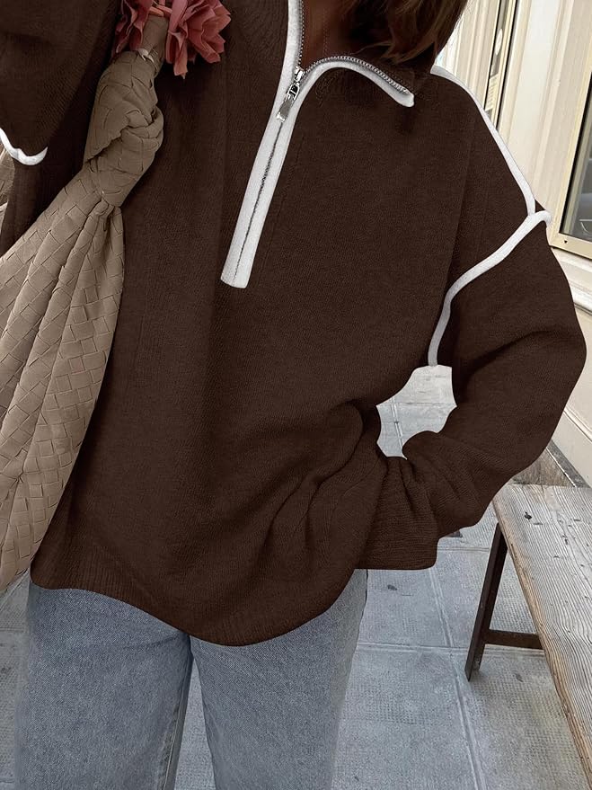 ANRABESS Womens Quarter Zip Sweaters Fall Long Sleeve V Neck Shirts Collared Business Casual Tops Knit Pullover Sweatshirts