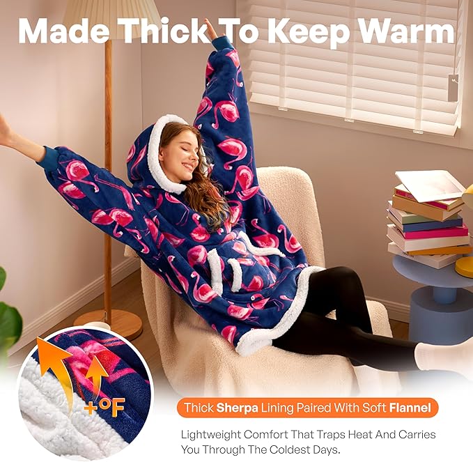 Giggling Getup Wearable Blanket Hoodie for Adults Gifts for Teen Girls Sister Women Sherpa Fleece Printed Hooded Blanket Sweatshirt Warm Cozy with Pocket & Sleeves Blue Flamingo