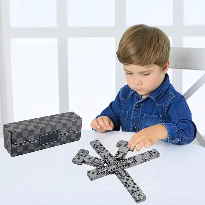 Dominos Set for Adluts - Double 6 Jumbo Domino Set - 28 Thick Marbleized Black and Gray Tiles - Dominoes Set for Adults and Kids, Classic Board Game for Family Nights & Travel (Black & Grey Case)