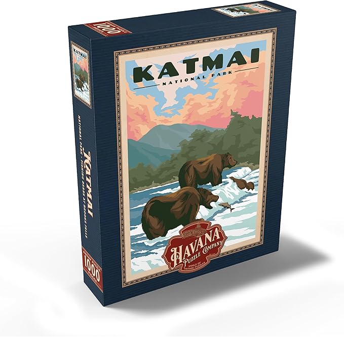 MyPuzzle Katmai National Park - Fishing Bears at Brooks Falls, Vintage Travel Poster - Premium 1000 Piece Jigsaw Puzzle for Adults