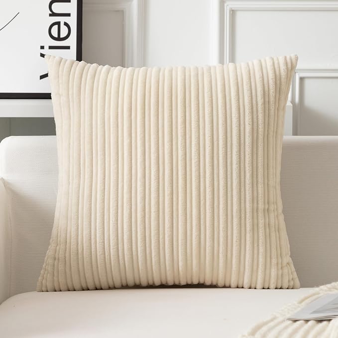 UGASA Decor Corduroy Striped Velvet Cushion Cover Velvet Pillow Covers for Sofa/Couch/Bedroom, 1 Pack, 20"x20"(50x50cm), Cream
