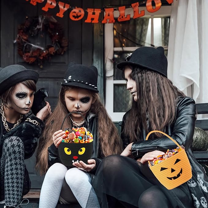 Halloween Trick or Treat Basket with Handle Cute Bucket Cotton Rope Woven Candy Bag Pumpkin Witch Cat Pig Storage Basket for Halloween Party Favor(black,Cat)