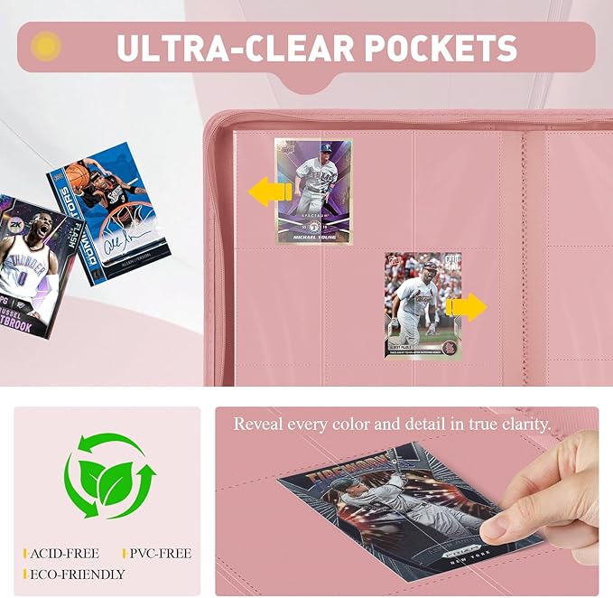 Trading Card Binder 9 Pocket, 360 Pockets Double-Sided Card Album, Premium PU Leather Zipper Card Holder for MTG, TCG, Sports & Game Cards, Must-Have for Collectors（Pink）