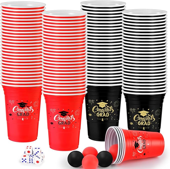 60PCS Pong Game Set, 16 Oz Disposable Plastic Party Cups for Cup Pong Games, College Parties & Graduation Celebrations - Red & Black