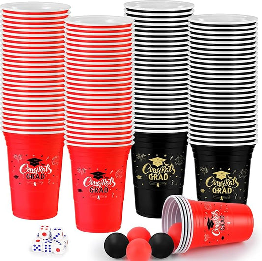 60PCS Pong Game Set, 16 Oz Disposable Plastic Party Cups for Cup Pong Games, College Parties & Graduation Celebrations - Red & Black