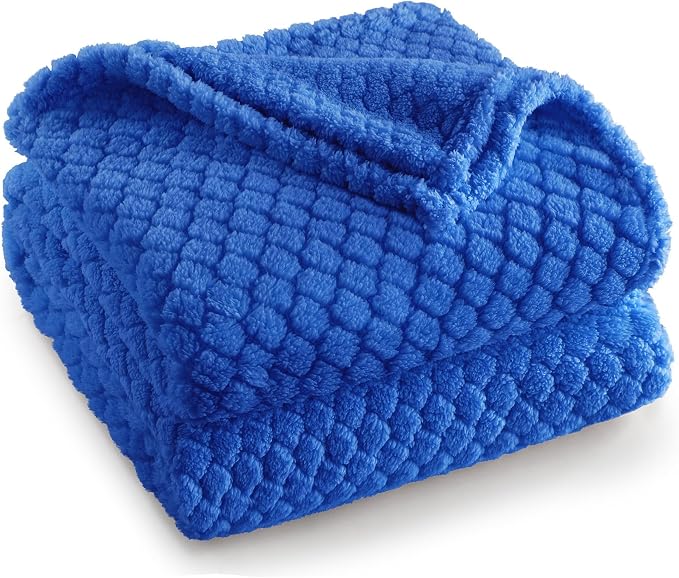 Exclusivo Mezcla Soft Fleece Queen Size Blanket for Bed, Cobalt Blue | Jacquard Lightweight Cozy Bed Blanket, Breathable Decorative Fuzzy Textured All Season Use, 90x90 Inches