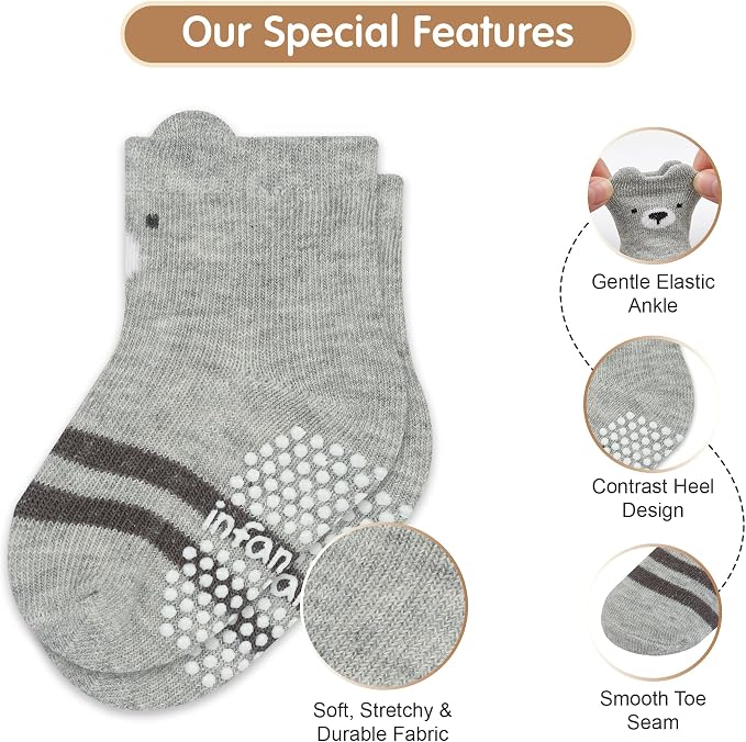 Organic Cotton GOTS Certified Non-Slip Baby Socks 0-6 Months - 7 Pairs Soft Breathable Newborn Socks Animal Design For Infant