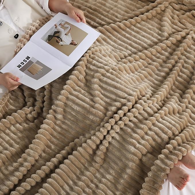 Tan Fleece Throw Blanket 60”×80” for Couch Sofa Livingroom | Super Soft Cozy Plush Microfiber Flannel Bed Blanket Striped Design Lightweight Home Decor Gifts for Adults Mom Women
