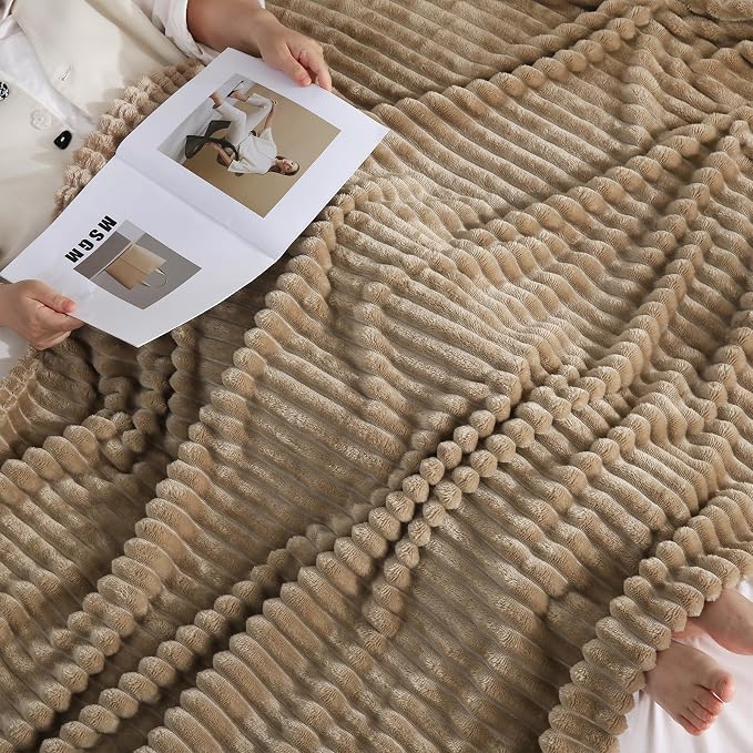 Tan Fleece Throw Blanket 90”×90” for Couch Sofa Livingroom | Super Soft Cozy Plush Microfiber Flannel Bed Blanket Striped Design Lightweight Home Decor Gifts for Adults Mom Women