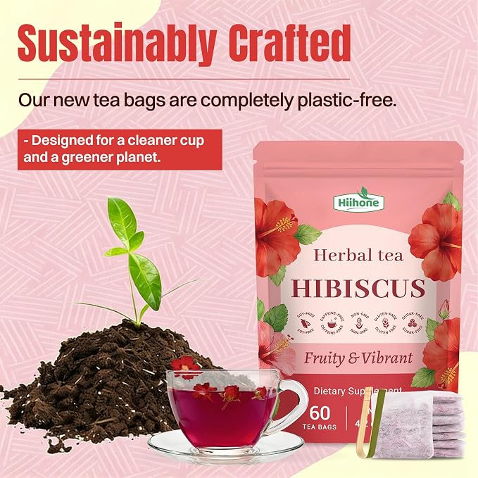Hiihone Hibiscus Tea Bags 60 Count – Pure Hibiscus Flower Herbal Tea, Caffeine-Free, Tart & Refreshing Flavor, Rich in Antioxidants, Non-GMO, Natural Herbal Tea for Hot or Iced Tea
