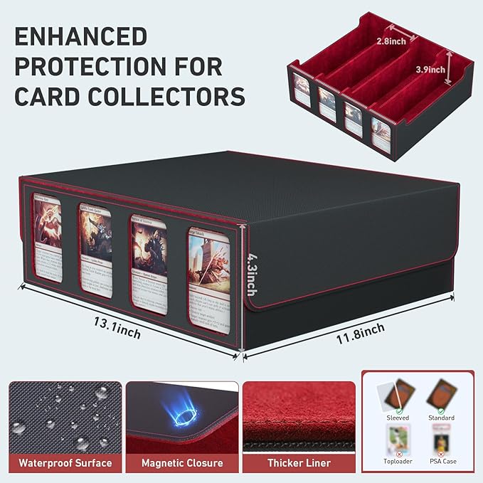 4-Row Trading Card Storage Box, Bulk Cards Case for 3200+ Mtg tcg Magic Playing Game Card Organizer, Commander Deck Box with 4 Supports & 24 Dividers & Strap