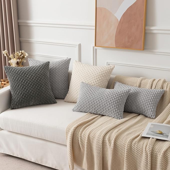 Kevin Textile Soft Corduroy 14"x22" Lumbar Pillow Cover 1 Pack, Light Grey | Boho Stripe Plush Corduroy Decorative Oblong Cushion Cover Modern Farmhouse Home Decor for Sofa Couch Bed Chair