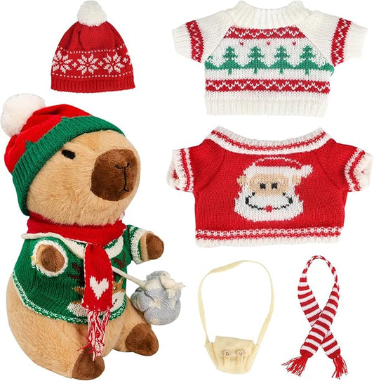 Capybara Plush with 10 Pcs Clothes & Accessories,Christmas Stuffed Animals, 10.2 in Cute Capybara Plush Toys,Birthday Gifts&Dress Up Cute Plushies for Boys/Girls (Holiday-B)