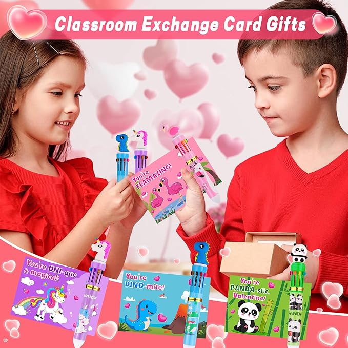 24 Pack Valentines Day Gifts for Kids Classroom 10-in-1 Multicolor Ballpoint Pens with Valentines Cards for Kids School, Valentines for Kids Classroom Class Exchange Gifts Party Favors for Boys Girls
