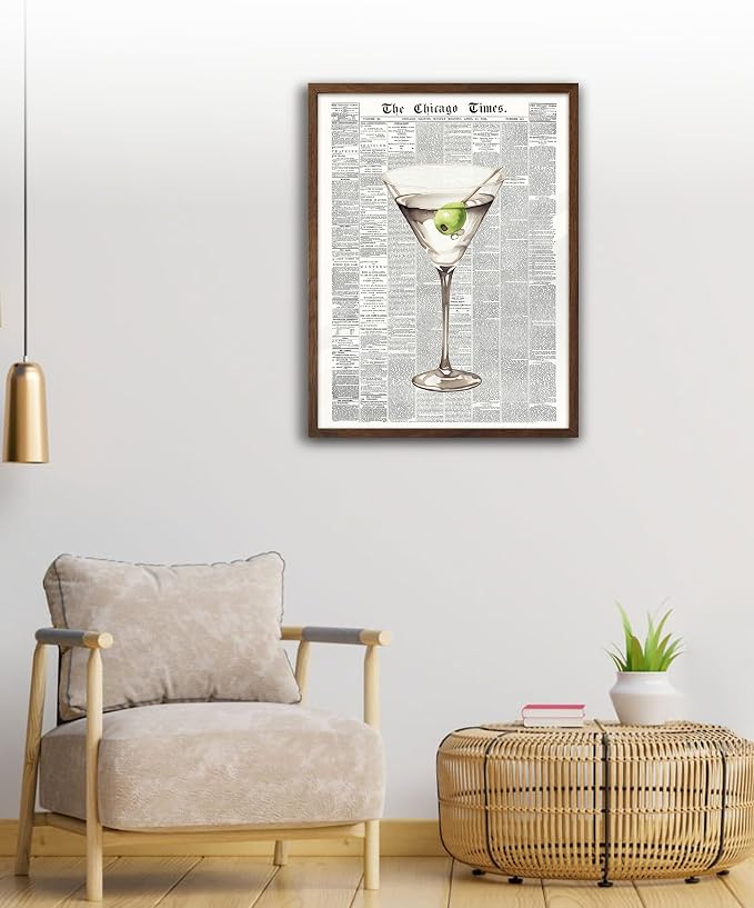 EcoHest 12x16 in Martini Newspaper Framed Wall Art for Bar Cart | Walnut Color Solid Oak Frame, Canvas Wall Art, Martini Bar Cart Decor for Living Room, Apartment, Dorm Room, Bedroom, 1Pack