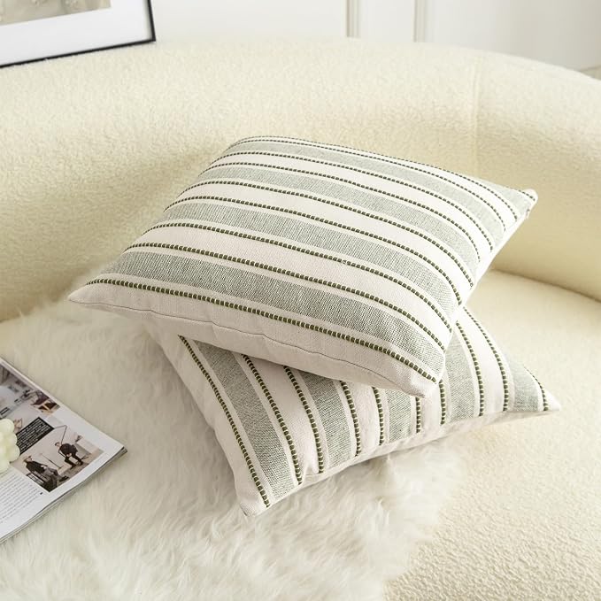 Cethom Decorative Boho Throw Pillow Covers, Farmhouse Textured Pillow Case, 22 x 22 Inch Set of 2, Chair Sofa Bedroom Living Room Home Decor Couch Cushion Case, Olive Green and Beige Striped