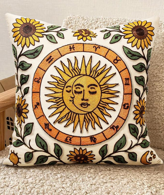 Embroidered Throw Pillow Cover 18x18 Inch, Sunflower Moon | Decorative Pillow Cover, Farmhouse Boho Cushion Case with Hidden Zipper, Autumn Decor for Couch, Sofa, Living Room, Bedroom