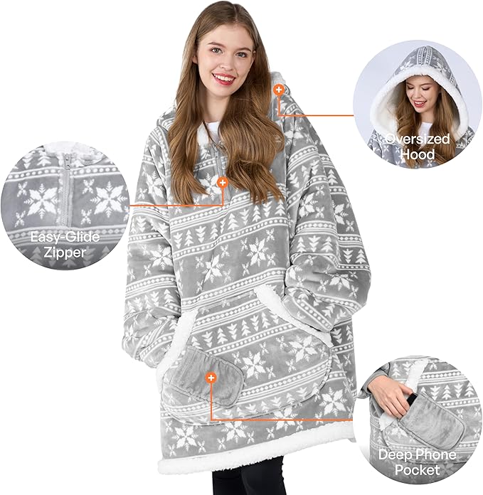Giggling Getup Wearable Blanket Hoodie for Adults Gifts for Teen Girls Sister Women Sherpa Fleece Printed Hooded Blanket Sweatshirt Warm Cozy with Pocket & Sleeves Grey Snowflake