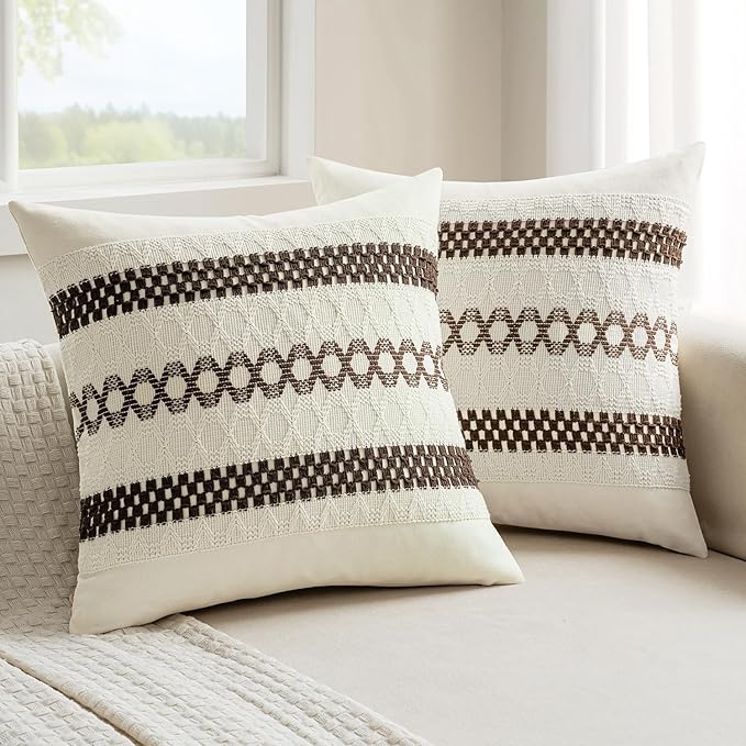 MIULEE Set of 2 Dark Brown Boho Decorative Pillow Covers 20x20 Inch | Fall, Farmhouse Couch Throw Pillows, Modern Spring Cotton Cushion Covers, Macrame Woven Home Decor for Bed Sofa Chair