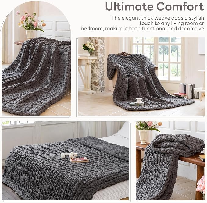 Chunky Knit Blanket - Luxury Soft Cozy 50 * 60 Throw Blanket,100% Woven Blanket Rope Knot Throw Blanket for Couch, Sofa, Home Decor, Gift - Machine Washable (Black Gray, 50 * 60)