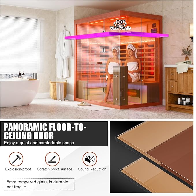 MEISSALIVVE Full Spectrum Infrared Sauna，3-4 Person Home Sauna， Red Cedar Luxury Indoor Spa Sauna with Resonance Speaker, Panoramic Tempered Glass Door