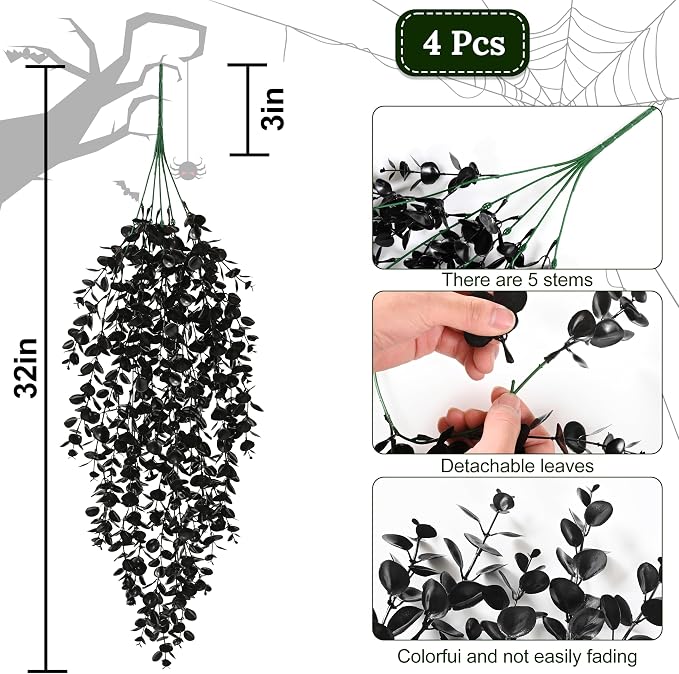 Waipfaru 4Pcs Artificial Hanging Plants, Black Halloween Wall Decor | Fake Plants Eucalyptus Leaves for Outdoors UV Resistant Plants Outdoor Indoor Bedroom Living Room Porch Shelf Decor