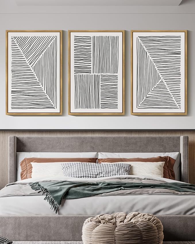 Drsoum Mid-Century Modern Framed Wall Art Large 24x36in Minimalist Abstract Boho Black Line Wall Decor Geometric Artwork Kitchen Dining Room Black Framed