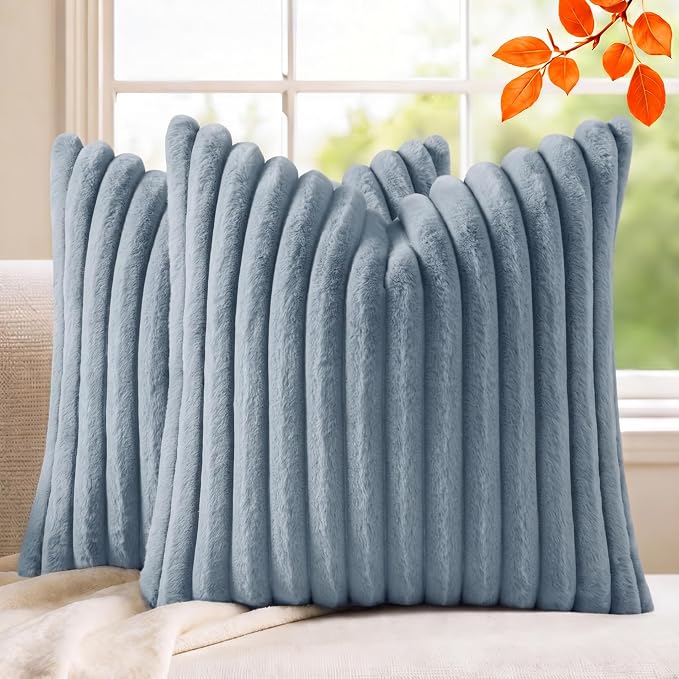 Pack of 2 Throw Pillow Covers 20x20 Decorative Solid Plush Faux Fur with Soft Velvet Back, Square Striped Cushion Cases Modern Farmhouse Home Decor for Living Room Couch Sofa Bed Serene Blue