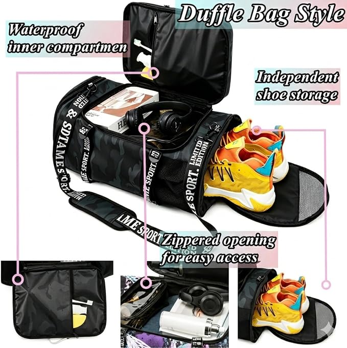 Gym Duffle Bag Backpack with Shoe Compartment,4 ways Travel Backpack for Women and Men,Multi-Functional Weekender bag with Waterproof Layer&Laptop Compartment for Fitness, Travel,Camping