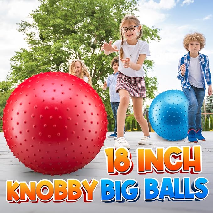PlayBolt Jumbo 18-Inch Knobby Sensory Balls w/Pump (Pack of 2) - Large Size Inflatable Bumpy Grip Bouncy Balls for Toddlers, Kids, Therapy, Daycare, School Recess, Indoor & Outdoor Play Toy