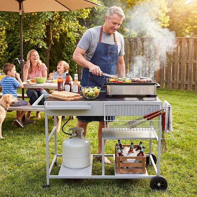 HAPPYGRILL Outdoor Grill Cart with Lockable Wheels & Garbage Bag Holder | Movable BBQ Pizza Oven Stand with Removable Hooks, Portable Cooking Prep Table for BBQ Party