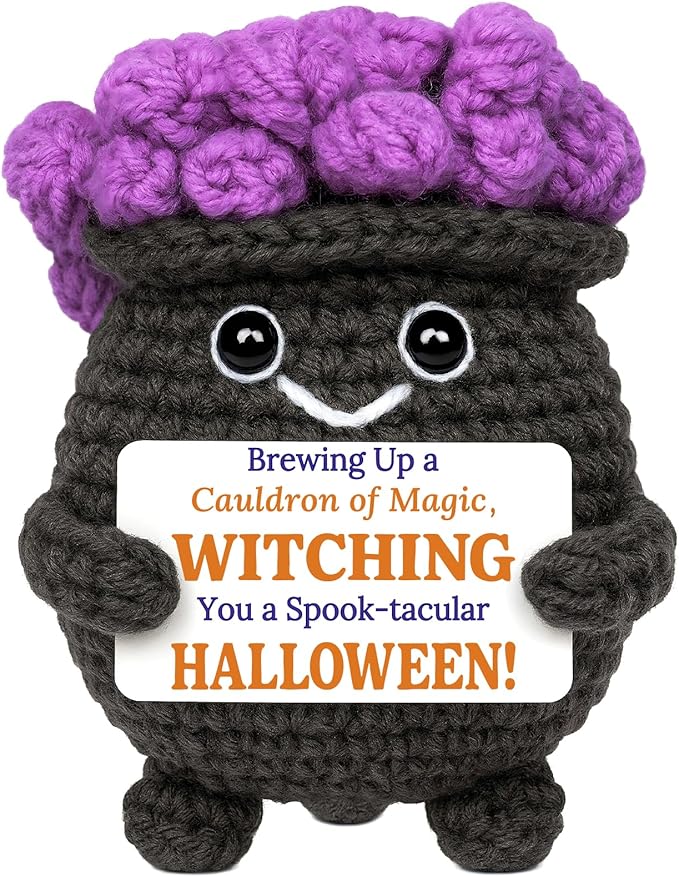 MAMAGIFTREE Crochet Cauldron Plush - Spooky Cute Halloween Decorations for Witchy Desk Decor, Mini Amigurumi Figurine for Tiered Tray, Kawaii Witchy Gift