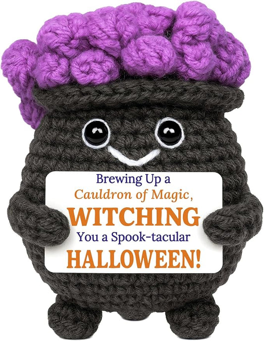 MAMAGIFTREE Crochet Cauldron Plush - Spooky Cute Halloween Decorations for Witchy Desk Decor, Mini Amigurumi Figurine for Tiered Tray, Kawaii Witchy Gift