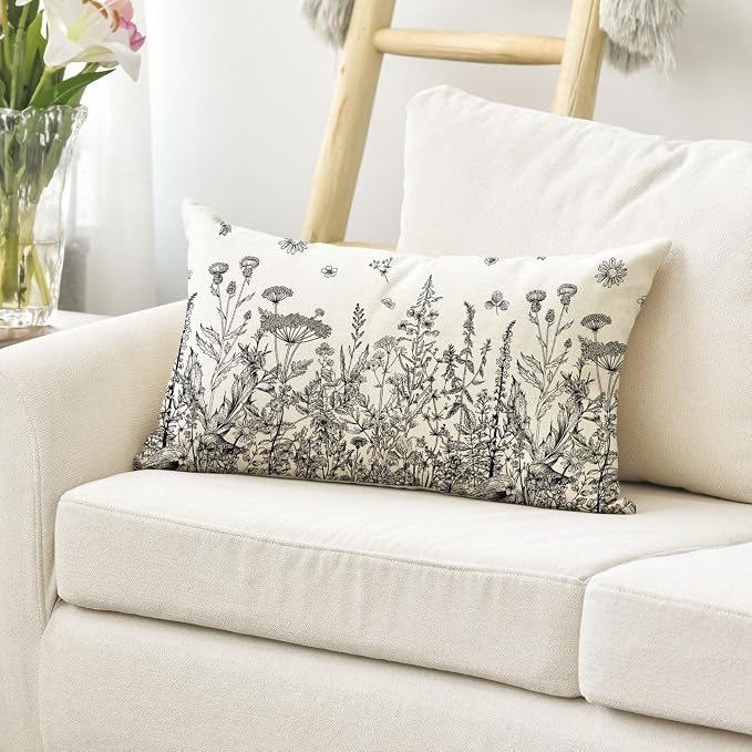 AVOIN colorlife Wildflowers Spring Grey Throw Pillow Cover 12x20 Inch | Antique Herbs Flower Cushion Case Decoration for Sofa Couch