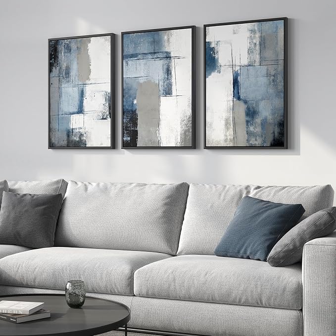 Framed Blue and Grey Abstract Wall Art, 3 Piece Modern Canvas Prints Paintings Artwork for Walls, Minimalist Abstract Block Pictures for Living Room Dining Room Lounge Bedroom Wall Decor 16x24 In