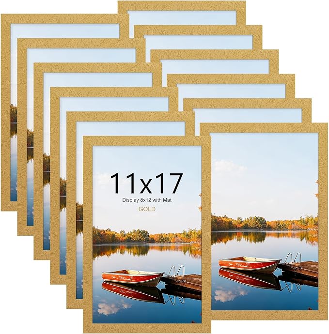 Picrit 11x17 Picture Frame Set of 12, Display 8x12 with Mat or 11x17 without Mat, Photo Frames for Wall Mounting Display, Gold