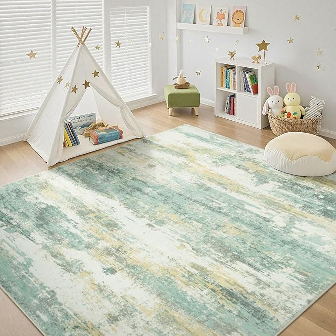 Rugflix 8x10 Area Rugs for Living Room, Washable Light Green Large Rug | Machine Washable; Stain-Resistant; Low Pile; Non-Slip; Modern Abstract; Carpet for Bedroom Dining Office Nursery Home