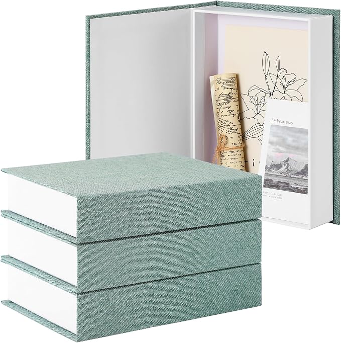 Tioncy 3 Pcs Decor Linen Faux Book Box Set Aesthetic DIY Fake Linen Book Box for Decor Storage Cafe Table Bookshelf Gift Home Keepsake(8.6 x 6.1 x 1.8 Inch,Green)