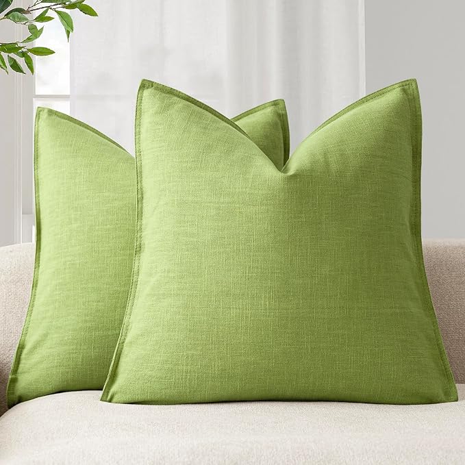 Foindtower Pack of 2, Decorative Linen Solid Throw Pillow Covers Soft Accent Euro Cushion Case Farmhouse Neutral Pillowcase for Chair Couch Sofa Bedroom Living Room Home Decor 18 x 18 Inch Lush Green