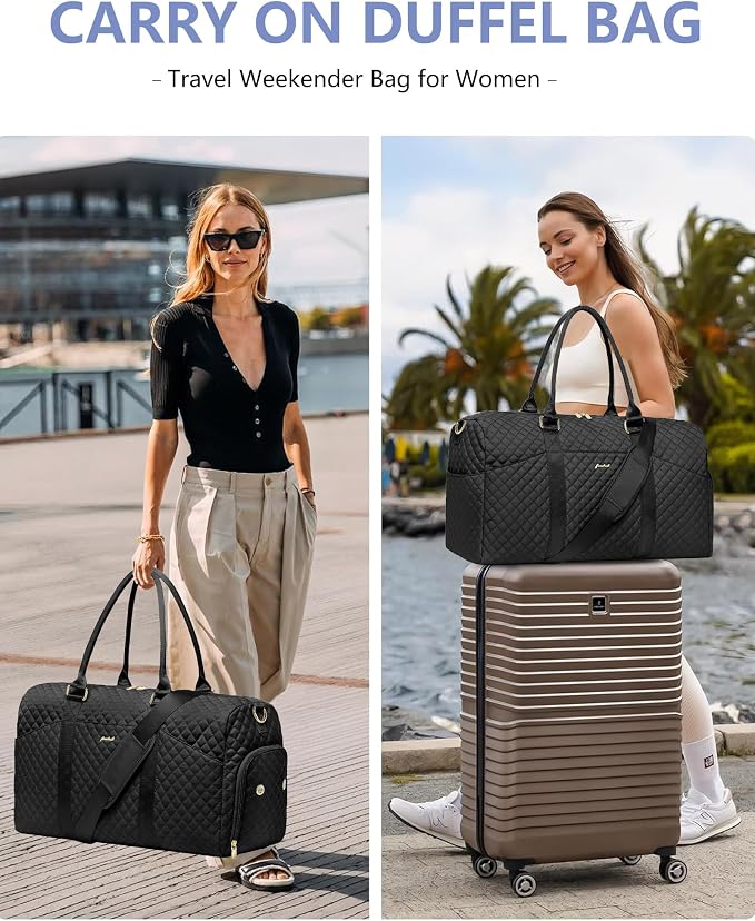 FOCDOD Travel Duffle Bag for Women - Weekender Bags with Shoe Compartment Large Carry on Overnight Tote Bag with Toiletry Bag Traveling Yoga Gym Bags with Wet Pocket Mommy Hospital Bag Black