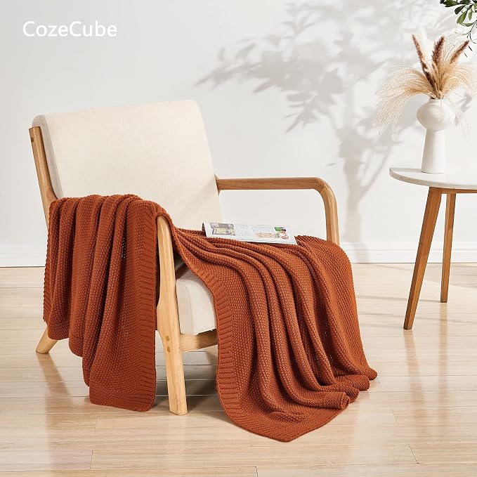 CozeCube Burnt Orange Seed Stitch Throw Blanket 50"x60", Farmhouse Decor | Blanket for Couch, Soft Cozy Cable Knit Throw for Bed Sofa Living Room, Lightweight Warm Decorative Christmas Blanket
