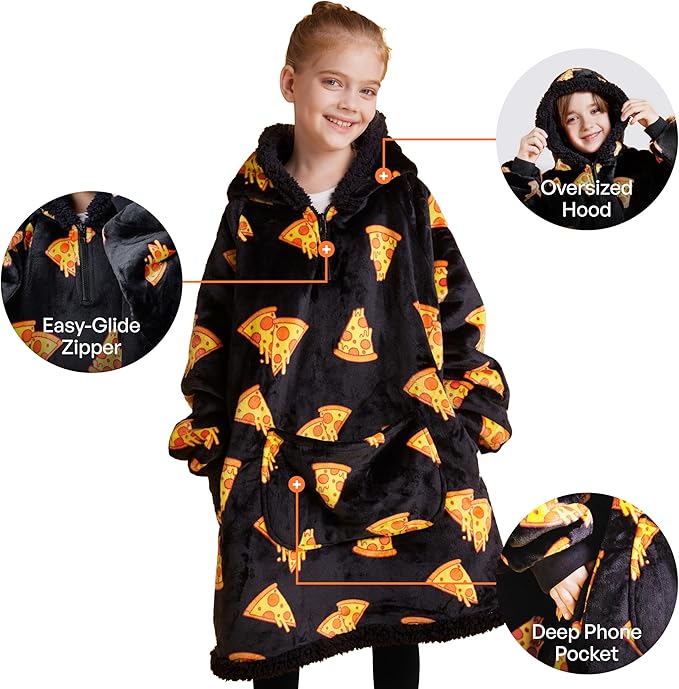 Giggling Getup Wearable Blanket Hoodie for Girls and Boys Warm Cozy Sherpa Fleece Hooded Blanket Sweatshirt Oversized Hoodie with Giant Pocket & Sleeves for Kids Pizza
